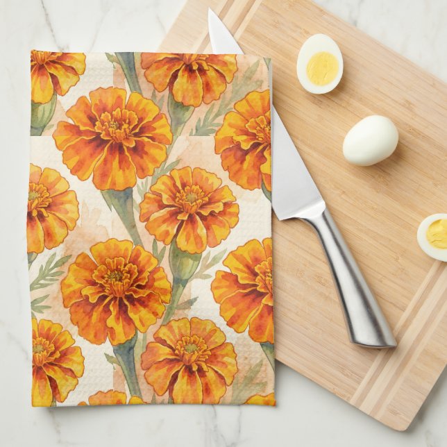 Linge De Cuisine Orange marigold flowers pattern (Quart Plié)