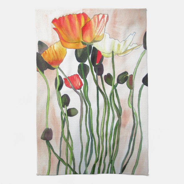 Linge De Cuisine Orange Populaires fleurs aquarelle peinture (Vertical)