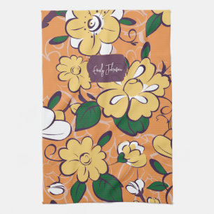 Linge De Cuisine Orange Rétro Botanique Fleurs Jaunes Nom Personnal