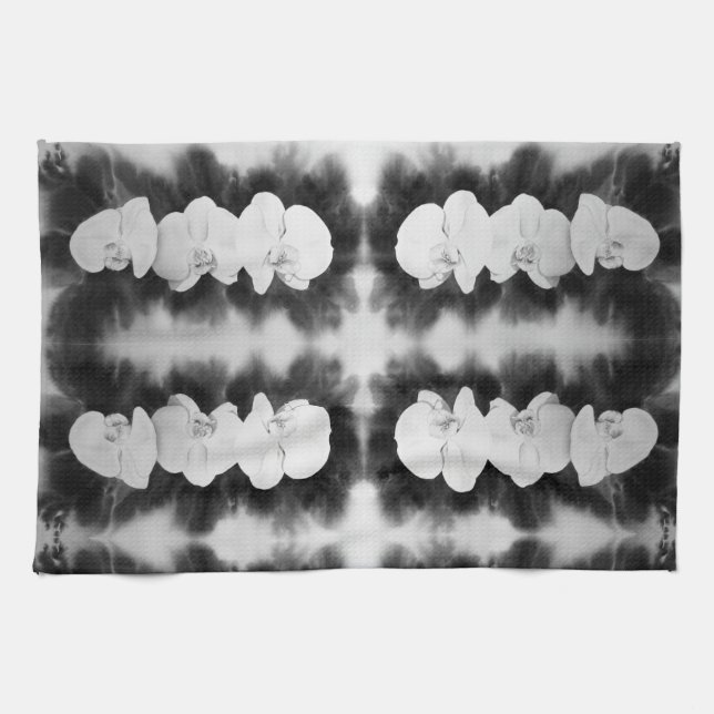 Linge De Cuisine Orchidée blanche noire peinture à fleurs tropicale (Horizontal)