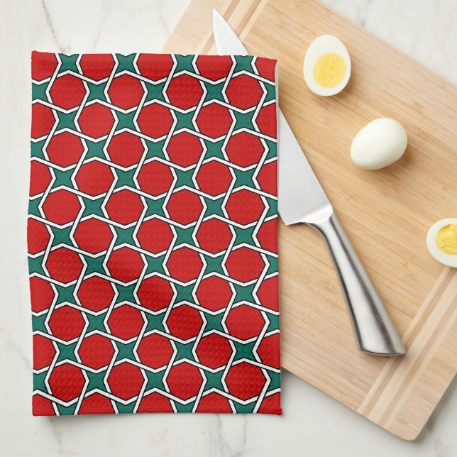 Linge De Cuisine Oriental Rouge Vert arabe Égypte Motif géométrique (Quart Plié)