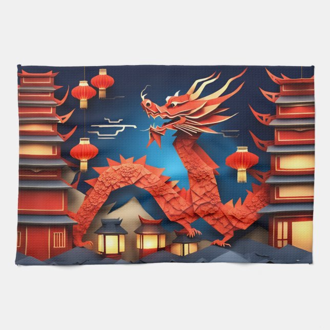 Linge De Cuisine Origami chinois Dragon rouge année KT (Horizontal)