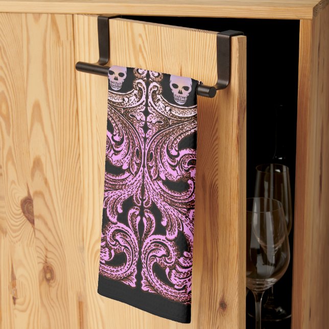 Linge De Cuisine Ornement rose Goth avec crâne (Pliage en tiers)