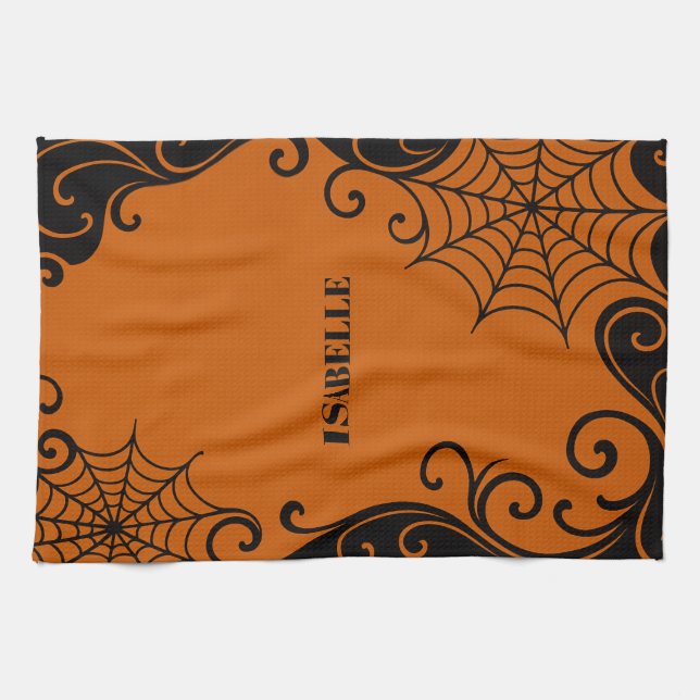 Linge De Cuisine Ornement Spiderweb Orange Orange Black halloween (Horizontal)