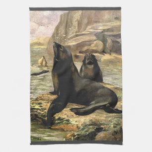 Linge De Cuisine Otaries de Californie par CE Swan, Animaux Vintage