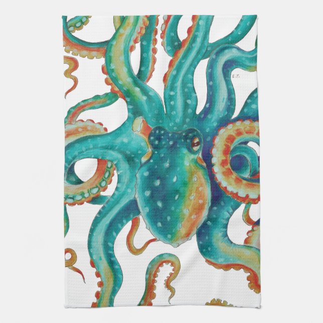 Linge De Cuisine Otopus Turquoise aquarelle (Vertical)