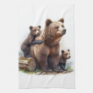 Linge De Cuisine Ours brun avec deux oursons faune rustique 