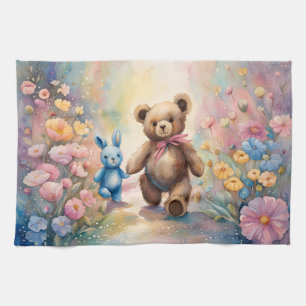 Linge De Cuisine Ours en peluche et lapin dans un jardin pastel