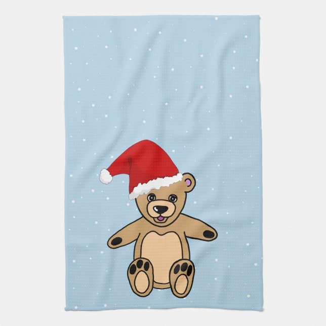 Linge De Cuisine Ours en peluche mignon avec chapeau de Noël bleu N (Vertical)