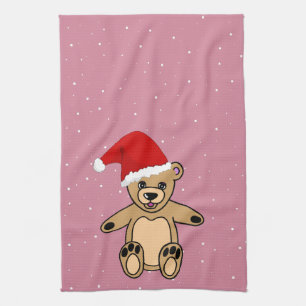 Linge De Cuisine Ours en peluche mignon avec chapeau de Noël rose
