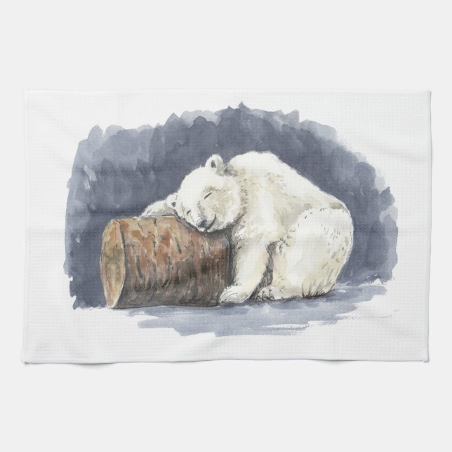 Linge De Cuisine Ours polaire dormant, aquarelle (Horizontal)