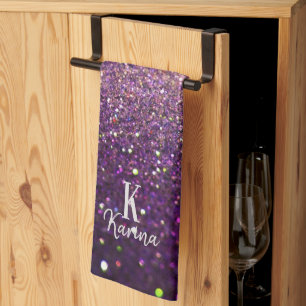 Linge De Cuisine Pailleté scintillant violet argent monogrammé