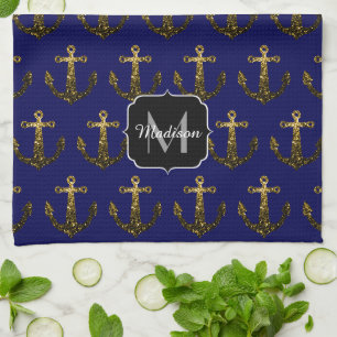 Linge De Cuisine Paillettes fausses or motif Ancre monogramme marin