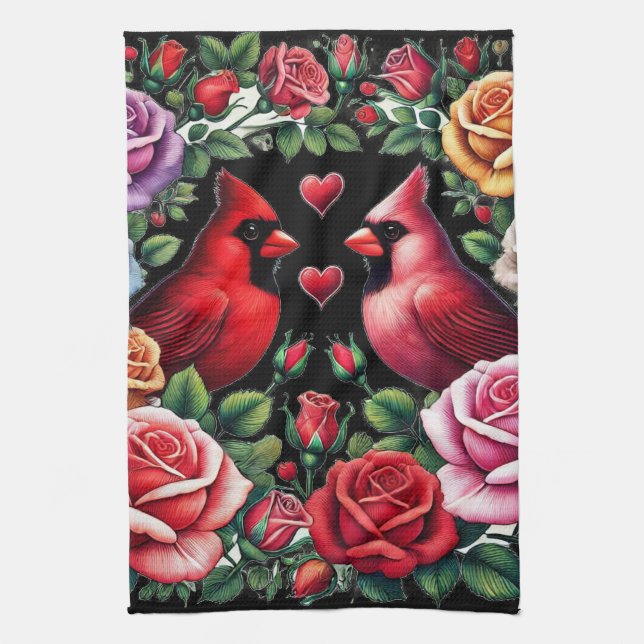 Linge De Cuisine Paire de cardinaux au milieu de Roses dynamiques (Vertical)