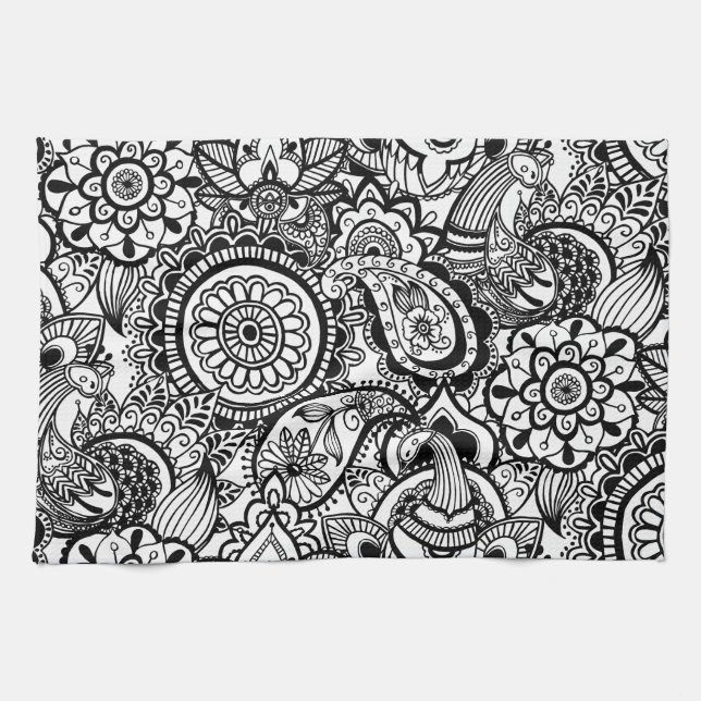 Linge De Cuisine Paisley floral noir (Horizontal)