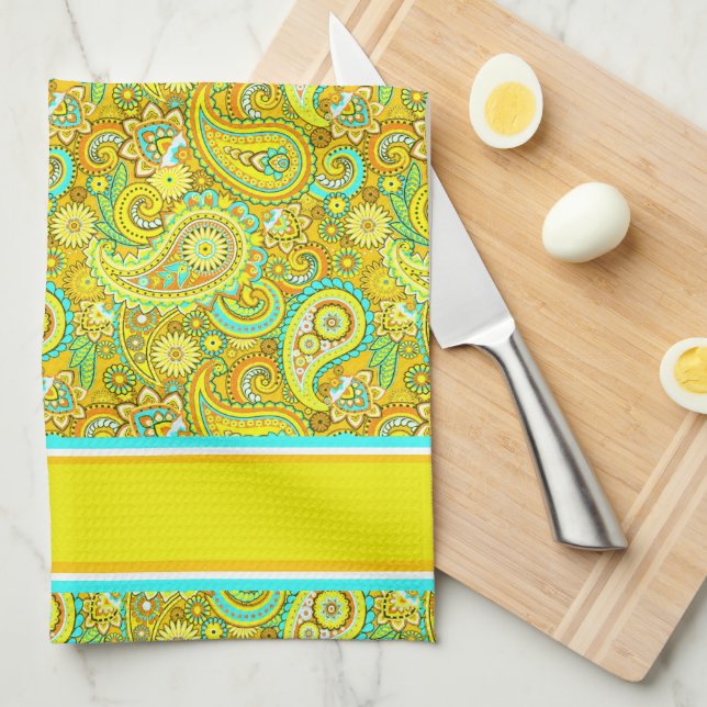 Linge De Cuisine paisley jaune cyan (Quart Plié)