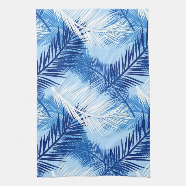 Linge De Cuisine Palm Leaf Print, Cobalt, blanc et bleu ciel (Vertical)