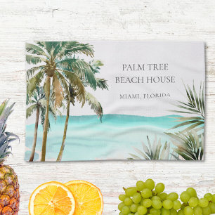 Linge De Cuisine Palmier Tropical Personnalisé Feuilles Plage Bleue