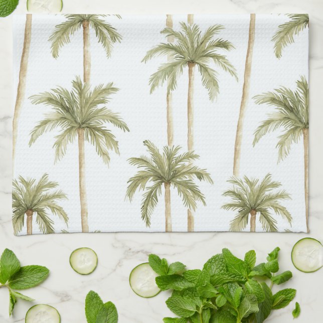 Linge De Cuisine Palmiers blancs verts tropicaux (Plié)
