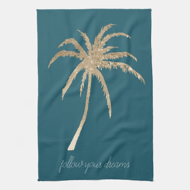 Linge De Cuisine Palmiers tropicaux Turquoises en or  (Vertical)