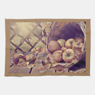 Linge De Cuisine Panier d'automne de fruits de pomme aquarelle vint