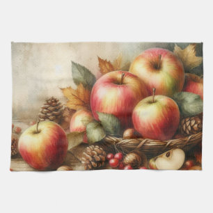 Linge De Cuisine Panier de pommes sur la table aquarelle vintage