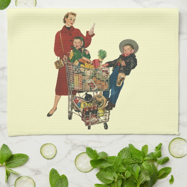 Linge De Cuisine Panier d'épicerie Retro Family, Mom and Kids (Plié)