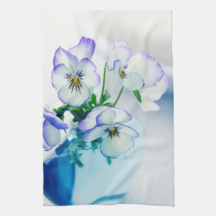 Linge De Cuisine Pansies violettes blanches Flore Vase bleu