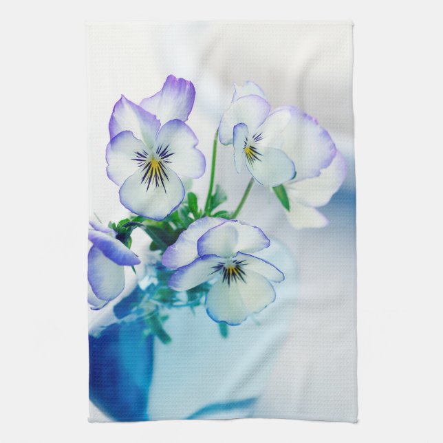 Linge De Cuisine Pansies violettes blanches Flore Vase bleu (Vertical)