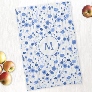 Linge De Cuisine Papier Art Monogramme Fleur Sauvage Blanche Bleue 