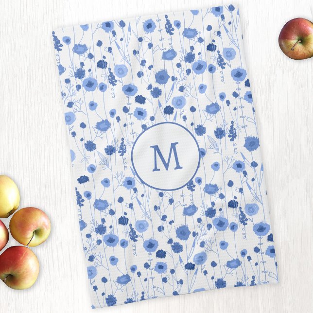 Linge De Cuisine Papier Art Monogramme Fleur Sauvage Blanche Bleue  (Personalized monogram initial coastal blue white wildflower meadow art kitchen tea towel)