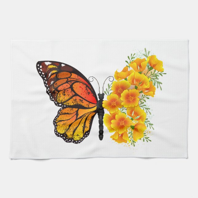 Linge De Cuisine Papillon à fleurs avec Poppy de Californie jaune (Horizontal)