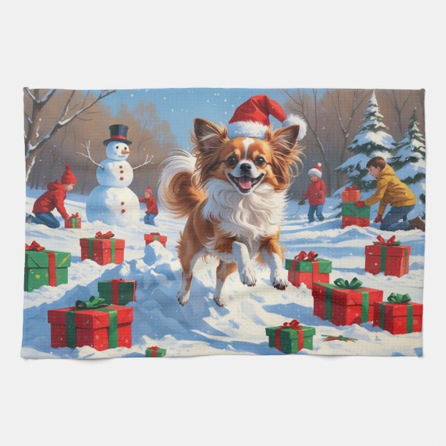 Linge De Cuisine Papillon Chien courant dans la neige avec Casquett (Horizontal)