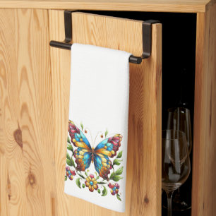 Linge De Cuisine Papillon en vitrail coloré avec fleurs