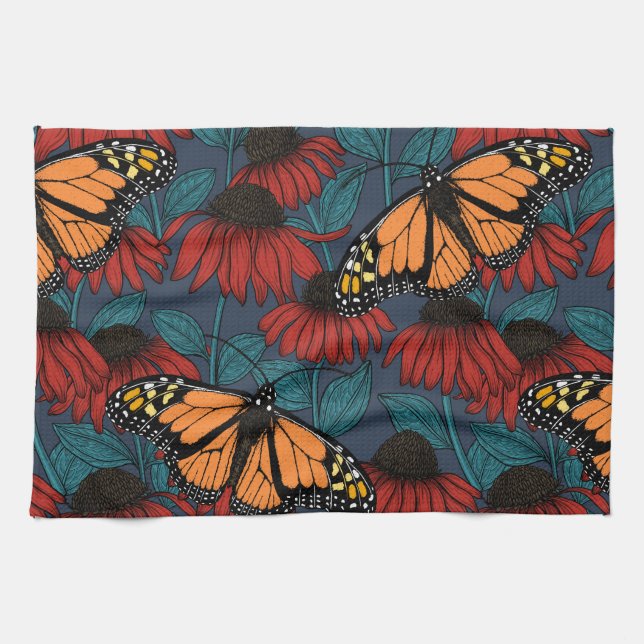 Linge De Cuisine Papillon monarque sur des fleurs rouges (Horizontal)