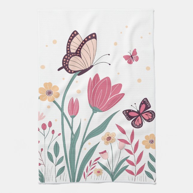 Linge De Cuisine Papillons aux tulipes roses et marguerites jaunes (Vertical)
