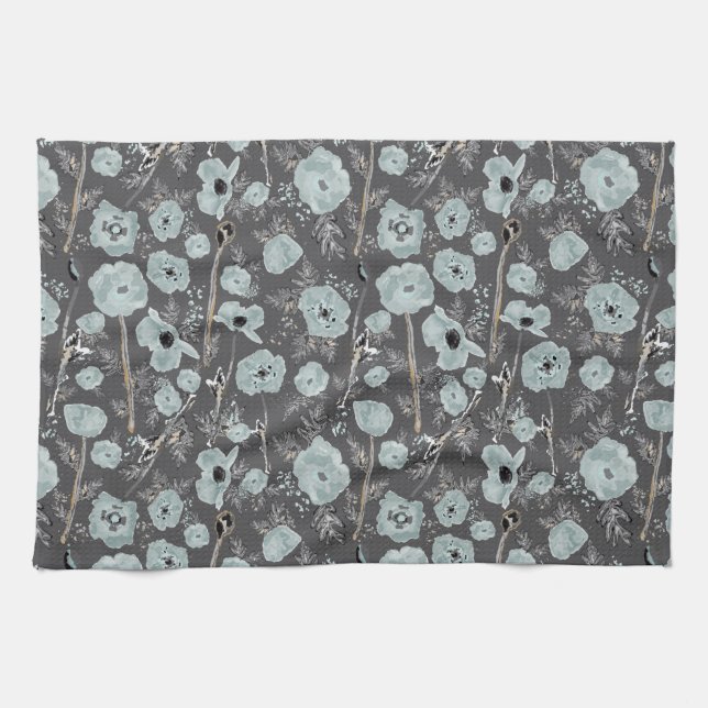 Linge De Cuisine Papillons bleu gris noir Aquarelle Fleurs (Horizontal)