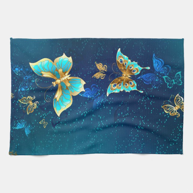 Linge De Cuisine Papillons d'or sur un Arrière - plan bleu (Horizontal)