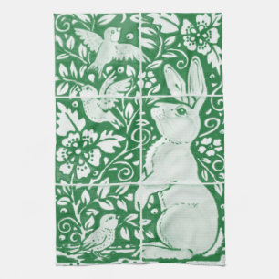 Linge De Cuisine Pâques Emerald Green Rabbit Oiseau Floral Carrelag