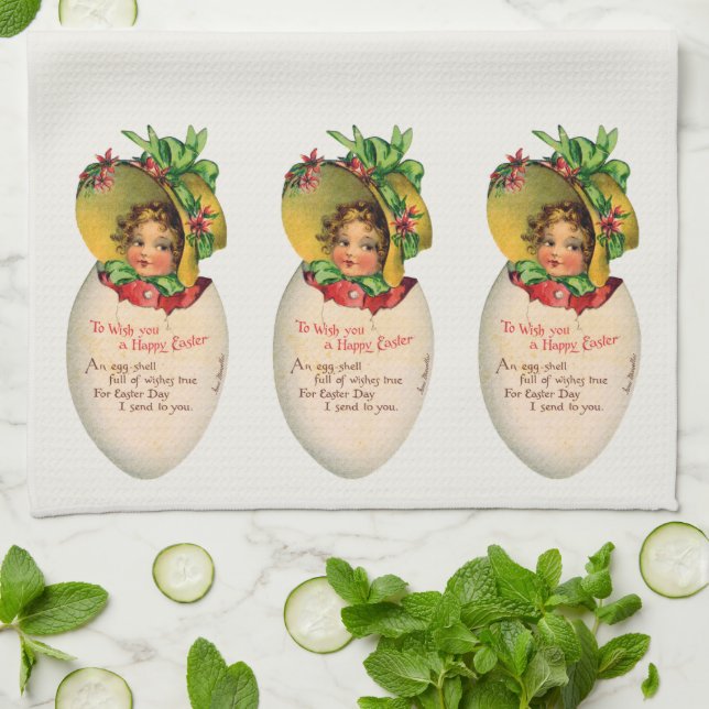 Linge De Cuisine Pâques victorienne, fille vintage avec bonnet dans (Plié)