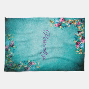 Linge De Cuisine Parchemin à fleurs victoriennes élégant turquoise 