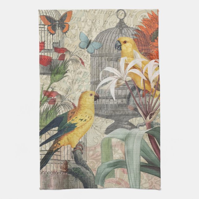 Linge De Cuisine Parrot Jaune Tropical Antique Fleur (Vertical)