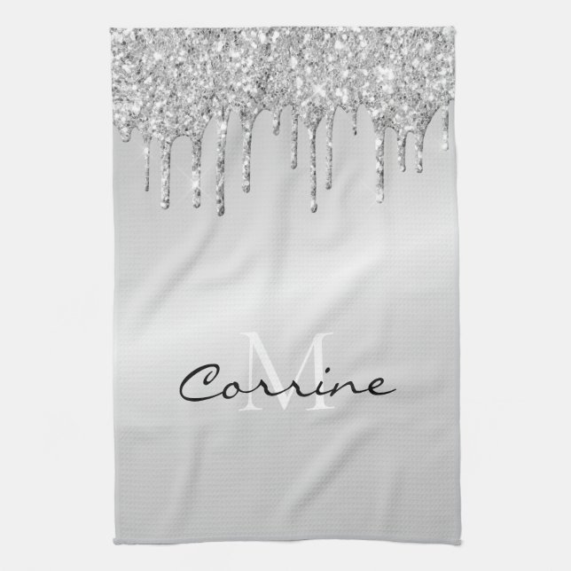 Linge De Cuisine Parties scintillant à goutte d'argent Monogramme P (Vertical)