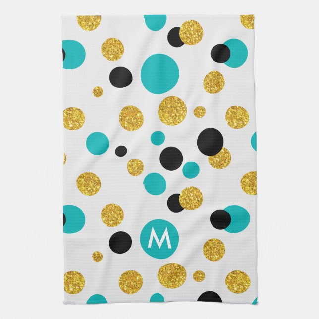 Linge De Cuisine Parties scintillant d'or, Cercles noirs et bleus M (Vertical)