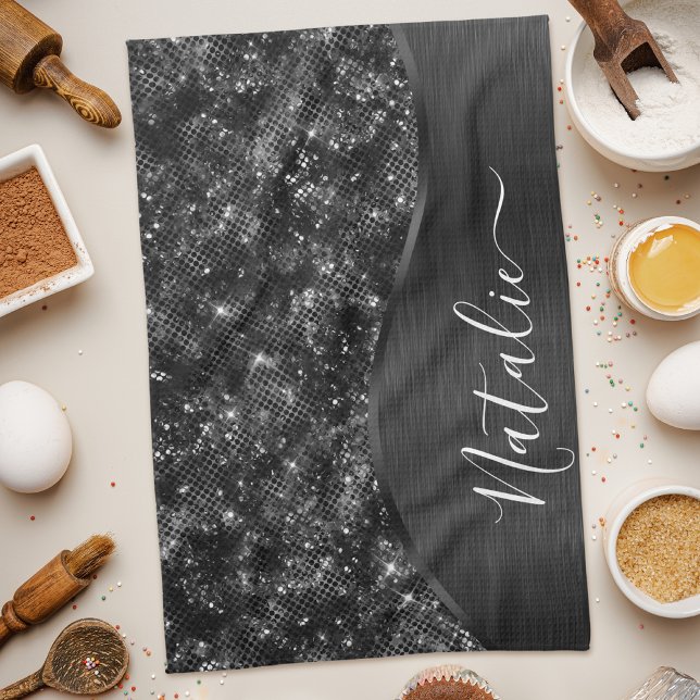 Linge De Cuisine Parties scintillant noire métallique personnalisée (Créateur téléchargé)