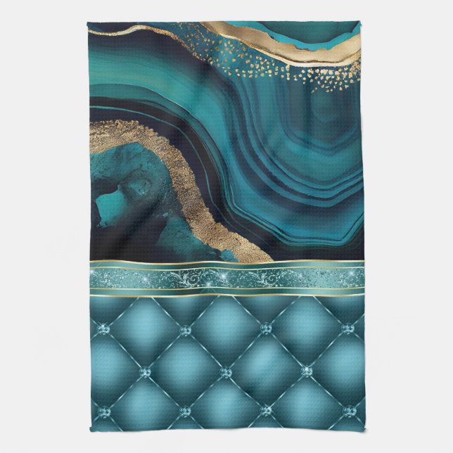 Linge De Cuisine Parties scintillant or Turquoise Agate Marbre Diam (Vertical)