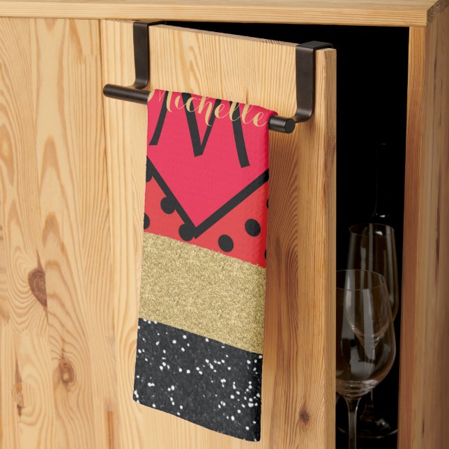 Linge De Cuisine Parties scintillant rouge Noir Brush Stroke Monogr (Pliage en tiers)