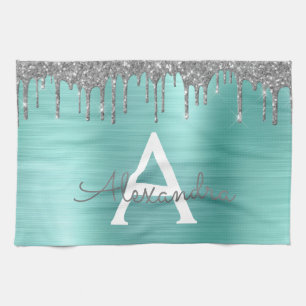 Linge De Cuisine Parties scintillant Turquoise argentée en métal br