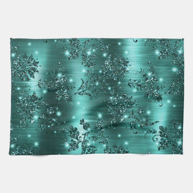 Linge De Cuisine Parties scintillant Turquoise et floral Foil (Horizontal)