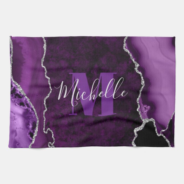 Linge De Cuisine Parties scintillant violet et argenté Marbre Agate (Horizontal)